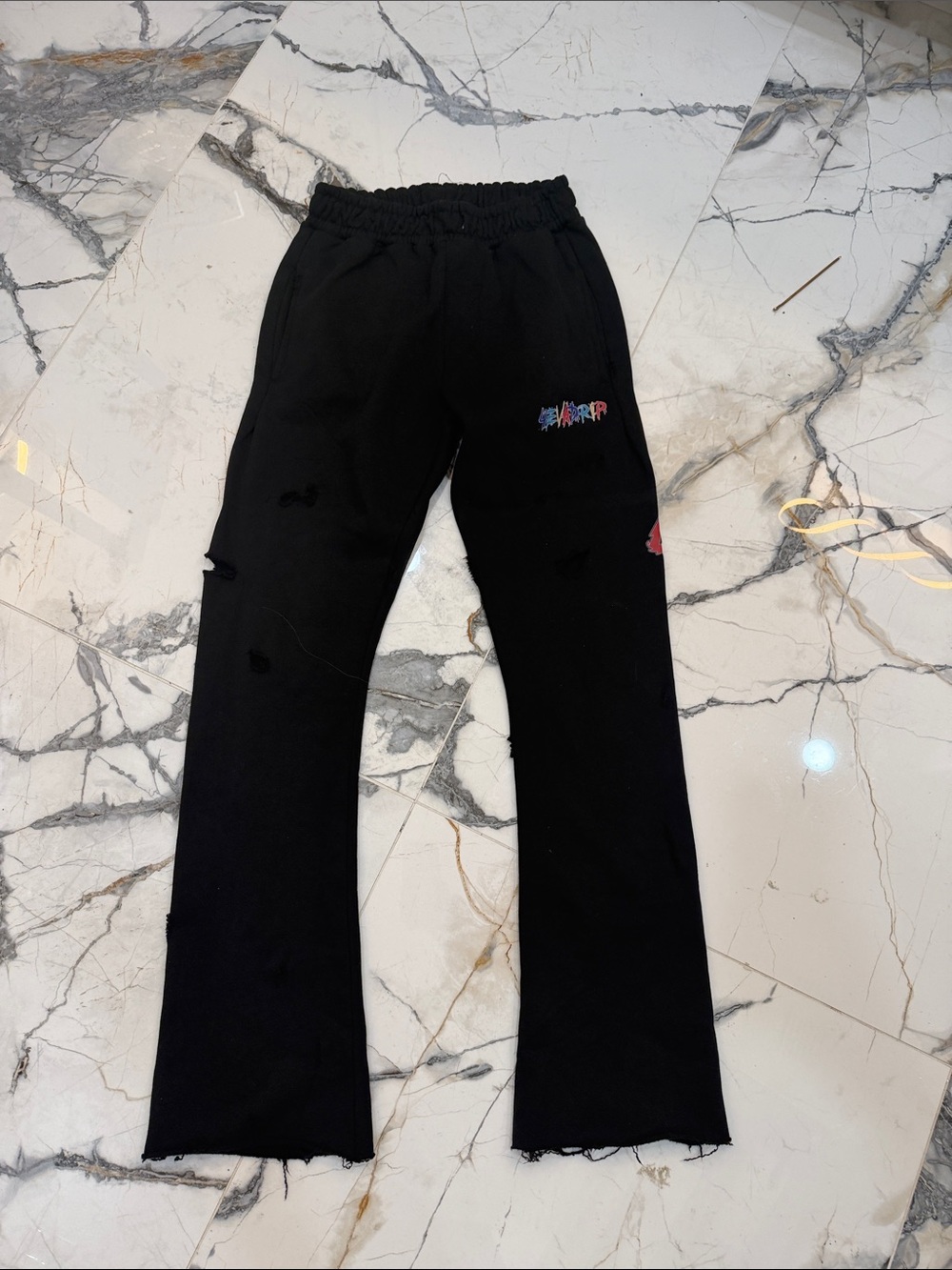 Men's  Black Distressed Lounge Pants with Multicolor Logo small